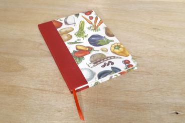 Rezeptbuch mit Gemüsemotiv und Leinenrücken handmade in Germany